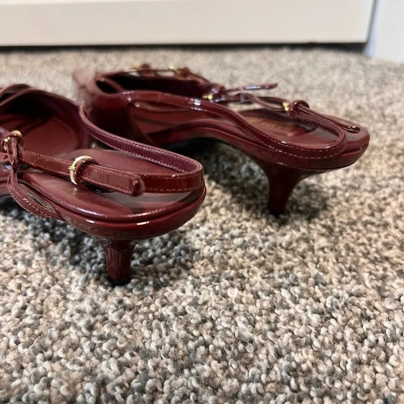 Miu Miu Burgundy Patent Leather Pointed Slingback Flats with Gold Buckles - Picture 7 of 7